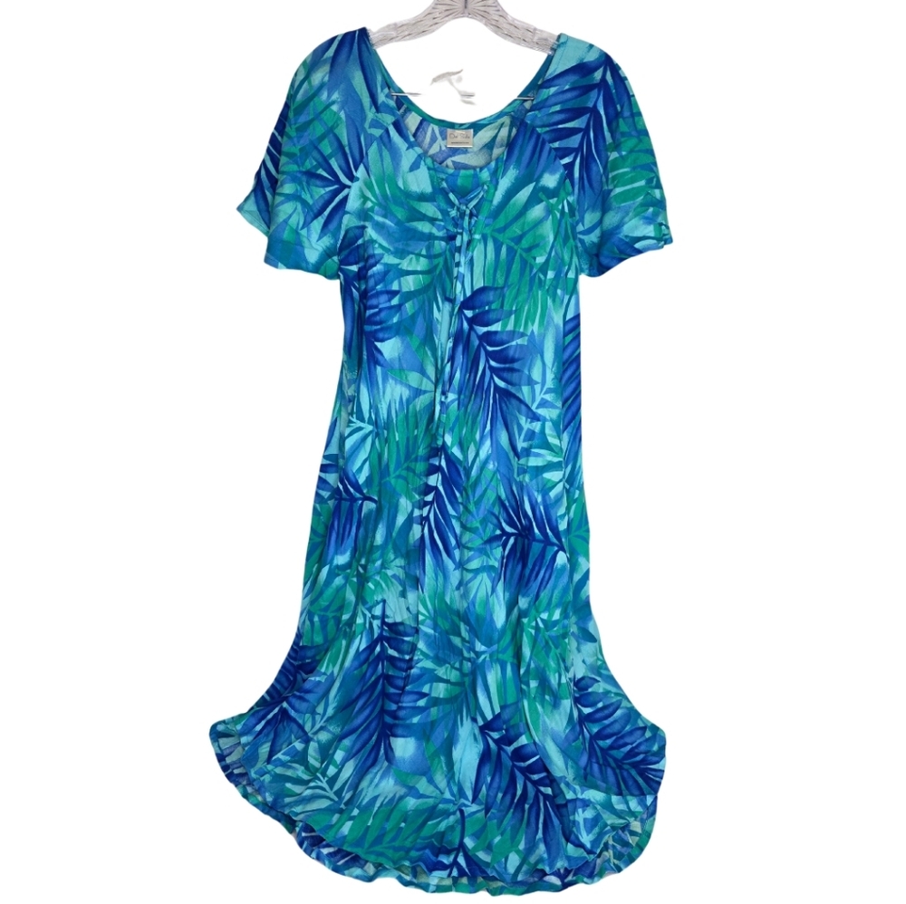 NEW S/M Tropical Blue Green Leaf Print Lace-up Maxi Dress Summer AP-1031